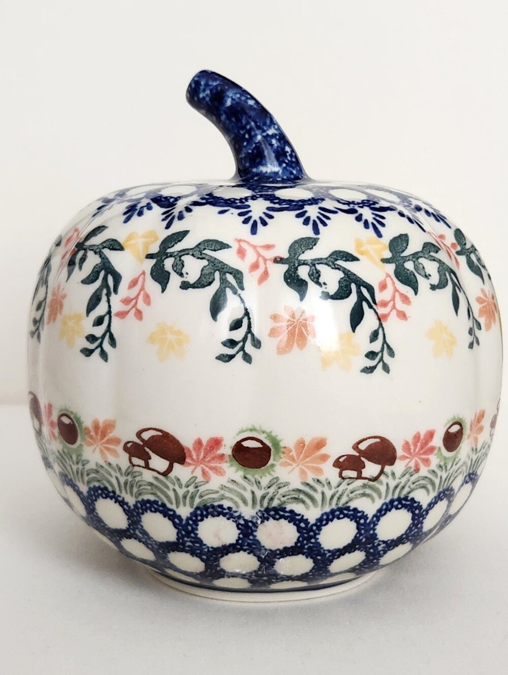 Polish Pottery Autumn Leaves & Mushrooms Fall Pumpkin - 6" tall